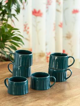 ExclusiveLane - Hand-Embossed Aqua Ceramic Tea & Coffee Mugs (Pack of 6)