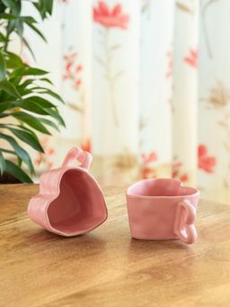 ExclusiveLane - Hand-Embossed Heart Pink Ceramic Tea & Coffee Mugs (Pack of 2)