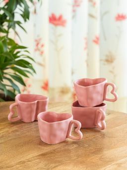 ExclusiveLane - Hand-Embossed Heart Pink Ceramic Tea & Coffee Mugs (Pack of 4)