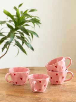 ExclusiveLane - Hand-Painted Poppy Hearts Ceramic Tea & Coffee Mugs (Pack of 4)