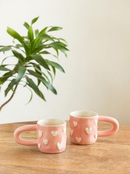 ExclusiveLane - Hand-Embossed Heart Bump Ceramic Tea & Coffee Mugs (Pack of 2)