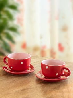 ExclusiveLane - Crimsom Charm Ceramic Cappuccino Coffee & Tea Cups with Saucers (Set of 2)