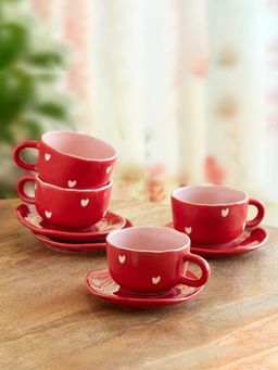 ExclusiveLane - Crimsom Charm Ceramic Cappuccino Coffee & Tea Cups with Saucers (Set of 4)