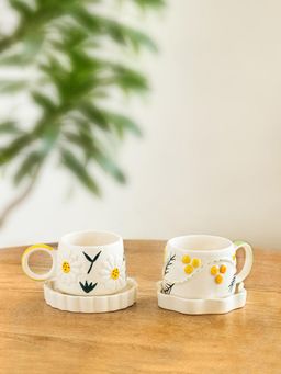 ExclusiveLane - Sunbeam Bloom Ceramic Cups & Saucers (Set of 2)