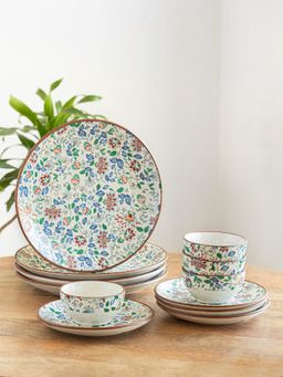 ExclusiveLane - Handcrafted Spring Garden Ceramic Dinner Plates with Bowls (Set of 12)