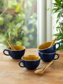 ExclusiveLane - Mariana Blues' Ceramic Soup Bowls with Spoons (Set of 4)