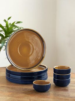 ExclusiveLane - Hand Glazed 'Mariana Blues' Ceramic Dinner Plates with Bowls (Set of 8)