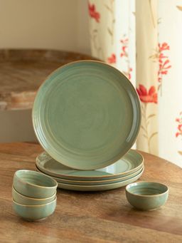 ExclusiveLane - Microwave Safe 'Sage Serenity' Porcelain Dinner Plates with Bowls (Set of 8)