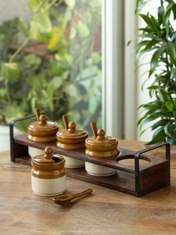 ExclusiveLane - Barni Tales' Ceramic Pickle Jar Set Of 4 With Spoons & Wooden Holder