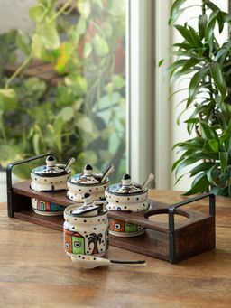 ExclusiveLane - The Hut Ceramic Pickle Jar with Spoons & Wooden Holder (Set of 9)