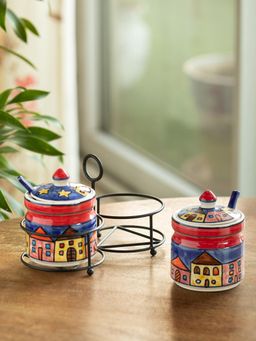 ExclusiveLane - Night Huts Ceramic Pickle Jar with Spoons & Iron Holder (Set of 5)