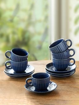 ExclusiveLane - Midnight Ripped Ceramic Tea Cups with Saucers (Set of 6)