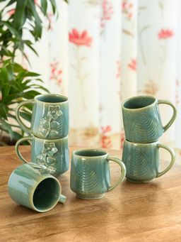 ExclusiveLane - Hand-Embossed Sage Serenity Ceramic Tea & Coffee Mugs (Pack of 6)
