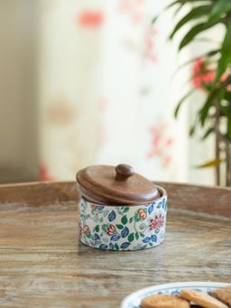 ExclusiveLane - Ceramic Floral Fusion Jar Container with Wooden Lid