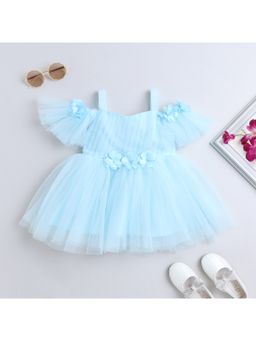 Many Frocks - Girls Blue Net Fabric 3D Flower Party Dress