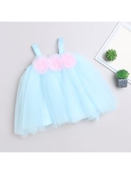 Many Frocks - Girls Blue Net Sleeveless Handmade Flower Party Dress