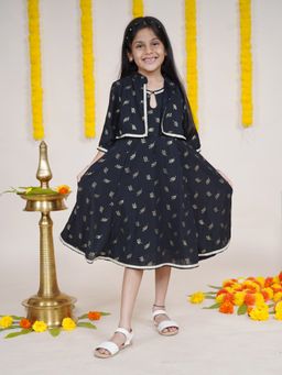 KiddoPanti - Girls Black Georgette Ethnic Dress with Attached Jacket
