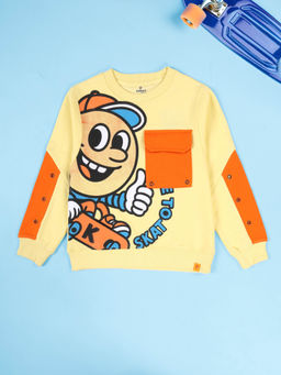 KiddoPanti - Boys Yellow Cotton Fleece Graphic Printed Sweatshirt