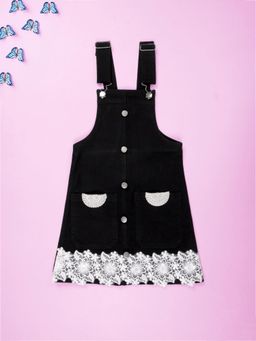 KiddoPanti - Girls Black Floral Lace Denim Dungaree