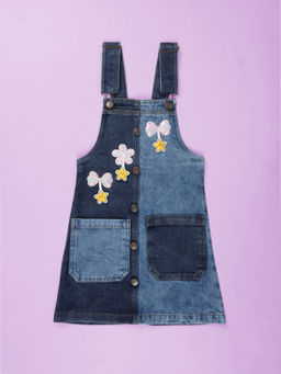 KiddoPanti - Girls Blue Contrast Wash Effect Denim Dungaree