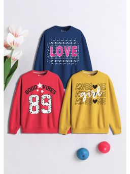 3PIN - Girls Multi-Color Cotton Round Neck Sweatshirts (Pack of 3)