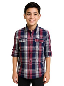 CAVIO - Boys Navy Blue Cotton Full Sleeves Checked Shirt