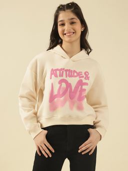 Lil Tomatoes - Girls Cream Cotton Fleece Knit Typography Hoodie