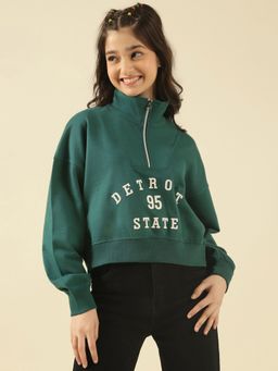 Lil Tomatoes - Girls Green Cotton Fleece Knit Full Sleeves Typography Sweatshirt