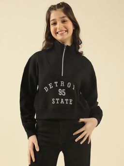 Lil Tomatoes - Girls Black Cotton Fleece Knit Full Sleeves Typography Sweatshirt