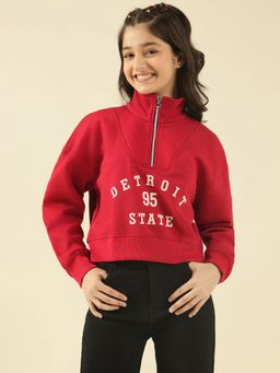 Lil Tomatoes - Girls Red Cotton Fleece Knit Full Sleeves Typography Sweatshirt