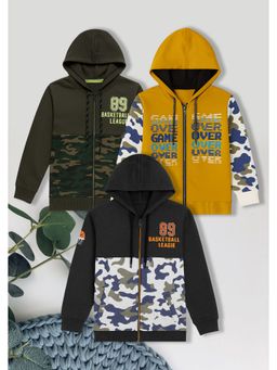 3PIN - Boys Multi-Color Cotton Printed Front Zip Closure Hoodies (Pack of 3)