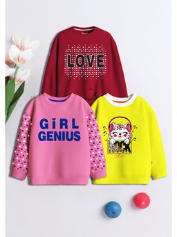 3PIN - Girls Multi-Color Cotton Printed Round Neck Sweatshirts (Pack of 3)