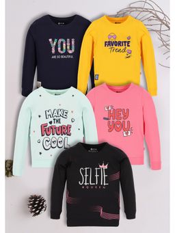 3PIN - Girls Multi-Color Cotton Printed Round Neck T-shirts (Pack of 5)