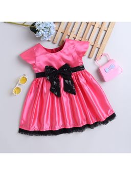 Many Frocks - Girls Pink Satin Fabric Sequin Bow Embellished Fit Flare Party Dress