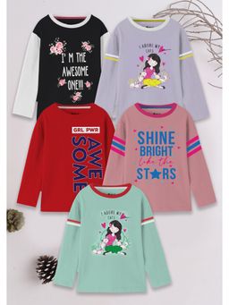 3PIN - Girls Multi-Color Cotton Printed Round T-shirts (Pack of 5)