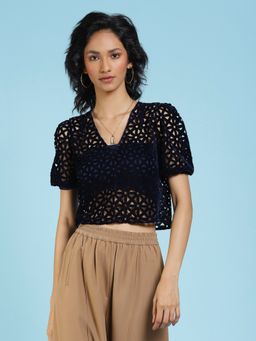 Label Ritu Kumar - V-Neck Laser Cut Cropped Top with Camisole (Set of 2)