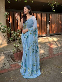 Odette - Women Blue Printed Unstitched Saree with Unstitched Blouse