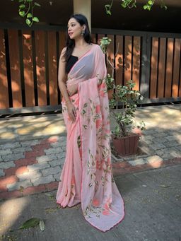 Odette - Women Pink Printed Unstitched Saree with Unstitched Blouse