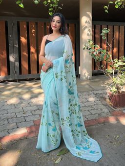 Odette - Women Blue Printed Unstitched Saree with Unstitched Blouse
