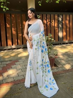 Odette - Women White Printed Unstitched Saree with Unstitched Blouse