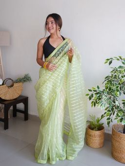 Odette - Women Green Embellished Unstitched Saree with Unstitched Blouse