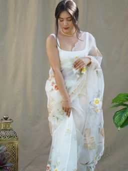 Odette - Women Off White Printed Unstitched Saree with Unstitched Blouse