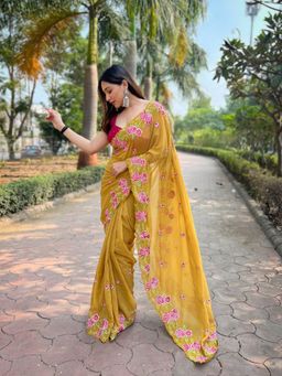 Odette - Women Mustard Embroidered Unstitched Saree with Unstitched Blouse