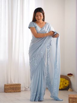 Odette - Women Blue Embroidered Unstitched Saree with Unstitched Blouse