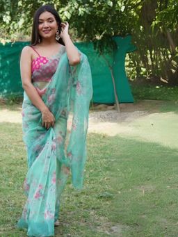Odette - Women Green Printed Unstitched Saree with Unstitched Blouse