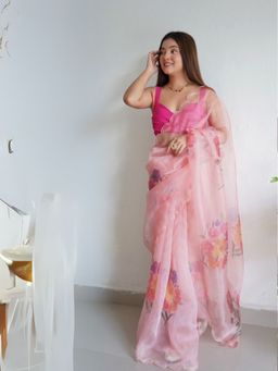 Odette - Women Pink Printed Unstitched Saree with Unstitched Blouse