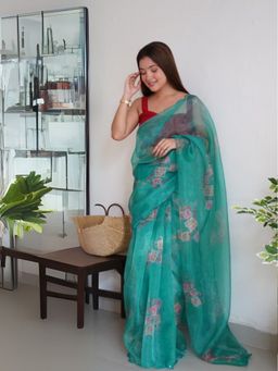 Odette - Women Aqua Printed Unstitched Saree with Unstitched Blouse