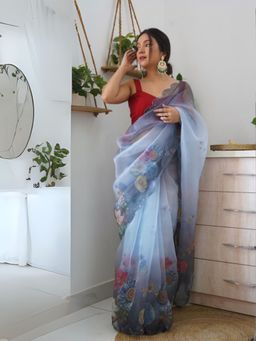 Odette - Women Blue Printed Unstitched Saree with Unstitched Blouse