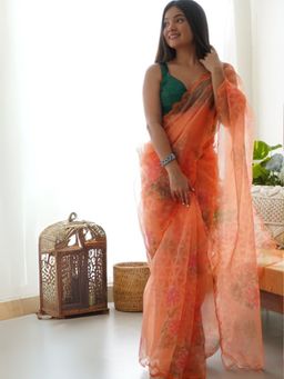 Odette - Women Orange Printed Unstitched Saree with Unstitched Blouse