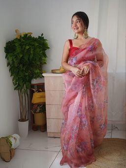 Odette - Women Peach Printed Unstitched Saree with Unstitched Blouse